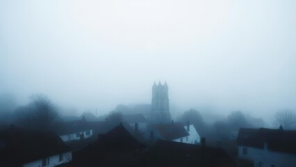Obraz premium Eerie Foggy Morning Obscures Historic Church Tower and Surrounding Landscape.