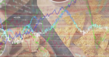 Financial line charts fading in over ceramic salsa bowl, guacamole sliding in showing market trends - Powered by Adobe
