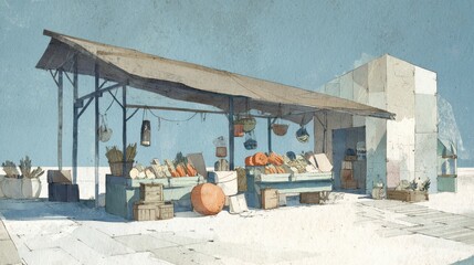 Vibrant Outdoor Market With Fresh Produce and Colorful Baskets Under a Rustic Shelter in Bright Daylight
