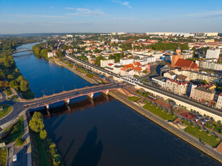 Aerial drone view of old town bridge and boulevard of Gorzów Wielkopolsi. Poland 
