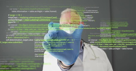 Senior doctor bringing vaccine vial in lab while scrolling code overlay revealing health analysis - Powered by Adobe