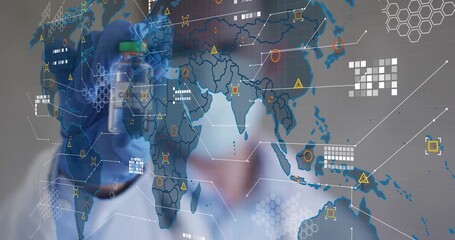 Doctor holding tilting COVID vial initiating translucent health overlay highlighting outbreak data - Powered by Adobe