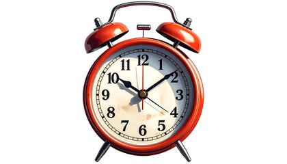 Red analog alarm clock; shows time; slightly dirty