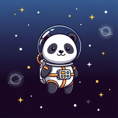 Cute panda astronaut in a spacesuit floating in outer space with planets and stars