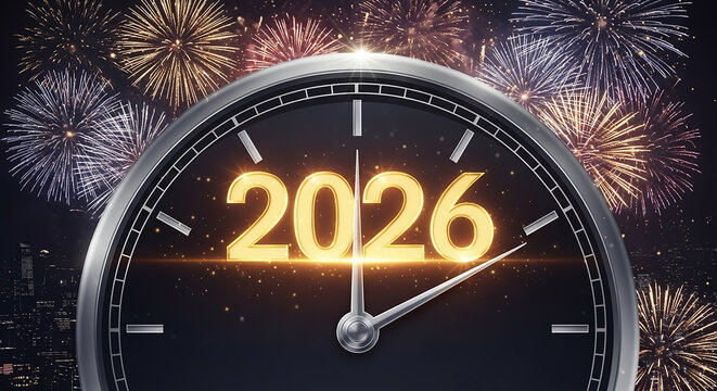 New year 2026 clock countdown with fireworks celebration