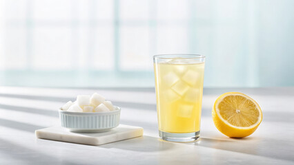 Fototapeta premium Erythritol concept ,lemonade erythritol sugar cube comparison lemon slice glass with ice refreshing beverage bright summer