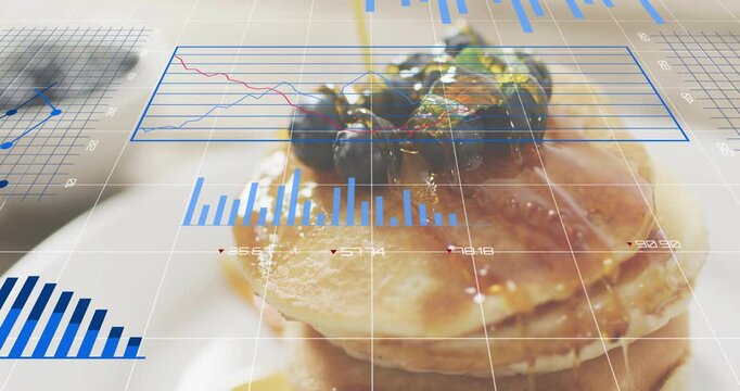 Scene opening on pancakes dripping syrup and berries while digital charts animating visualization - Powered by Adobe