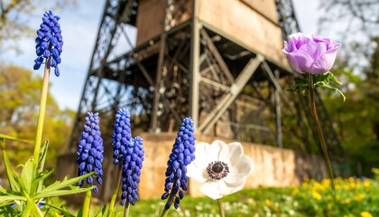 Spring blossoms bloom near aged metal structure