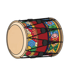 Colorful illustration of a traditional Indian drum with intricate floral patterns and designs on a white background.