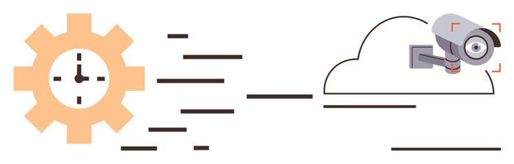 Obraz premium Gear symbol with clock suggesting automation, cloud with camera implies video surveillance. Ideal for technology, security, cloud computing, automation, monitoring, data management, system