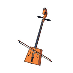 An orange electric violin with a black bow resting on a white background with a product showcase style and vibrant color palette.