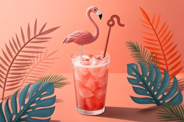 Tropical cocktail illustration with a flamingo straw and stylized palm leaves