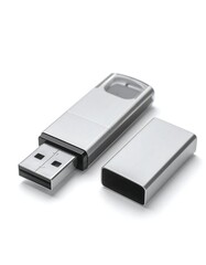 Silver USB flash drive with its cap off, shown against a white background