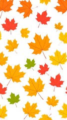 Scattered autumn maple leaves in various colors on a white background
