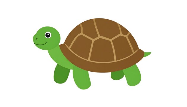 Simple cartoon illustration of a smiling green turtle with a brown shell, walking to the right