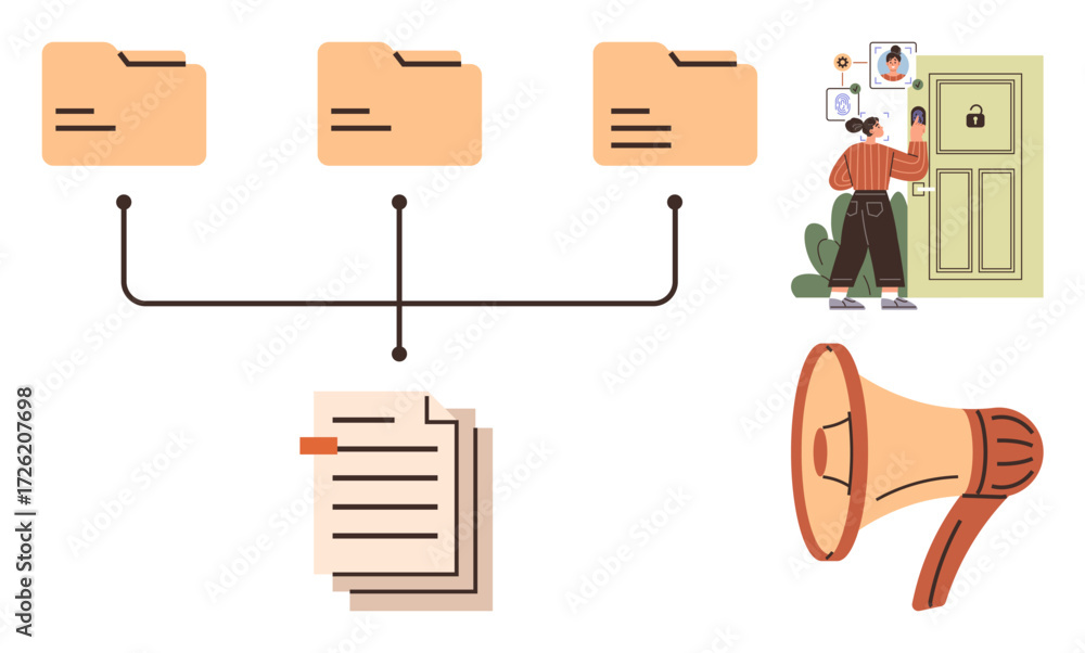 Poster file folders connected to documents, woman using biometric verification at secure door, loudspeaker 
