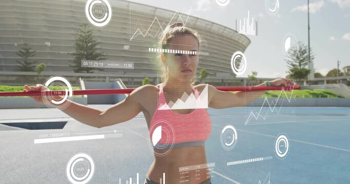 Female athlete holding red bar lowering to neck for posture, fitness tech overlays syncing zoom