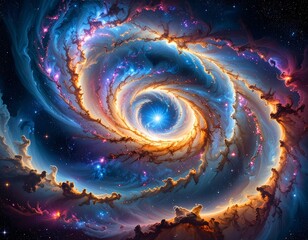 A vibrant cosmic swirl, radiating light and color from its core, features swirling nebulae