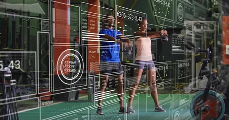 Man and woman gripping kettlebell syncing swings while digital overlays updating fitness metrics - Powered by Adobe
