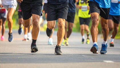 Fototapeta premium Fitness, people legs and running sport in outdoor for marathon competition with exercise, practice and workout for cardio health. Team and athlete as runner together for performance progress goal