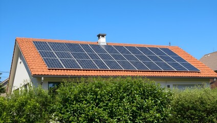 Embrace solar energy with panels on a vibrant red tile roof against a clear blue sky for clean power solutions