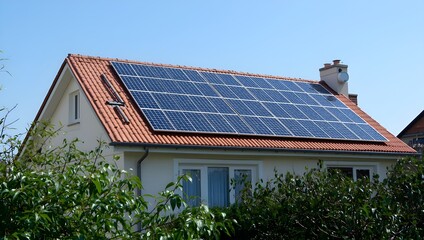 Fototapeta premium Modern home embraces green energy with sleek solar panels for a sustainable future lifestyle now