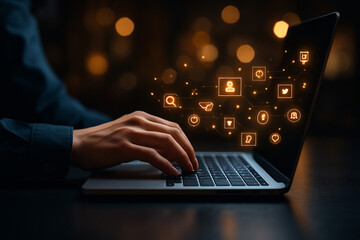 AI generated ultra realistic image of hands typing on laptop with glowing digital icons floating from screen symbolizing online work data network creativity and futuristic technology