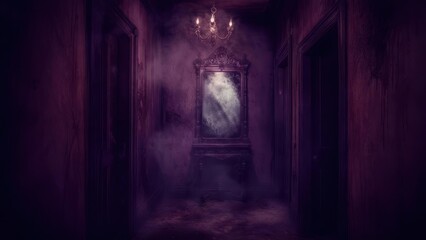 Eerie Hallway with Ghostly Figure and Antique Mirror.
