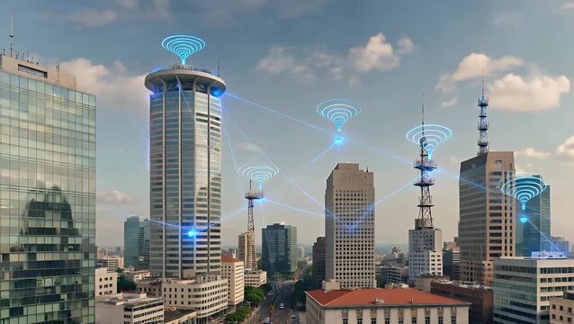 concept of interconnected digital networks overlaid on urban environment