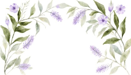 Watercolor Lavender Floral Frame with Green Leaves for Invitations or Design