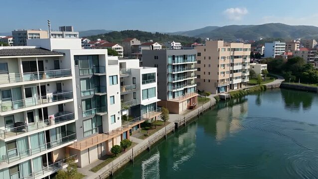 Aerial Overview of Contemporary Lakeside Housing Development Comprising Multiple Residential Structures