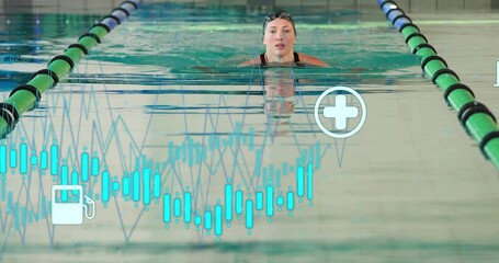 Female swimmer starting breaststroke and measuring fitness metrics with overlaying icons and graphs - Powered by Adobe