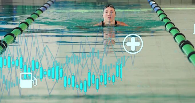 Female swimmer starting breaststroke and measuring fitness metrics with overlaying icons and graphs