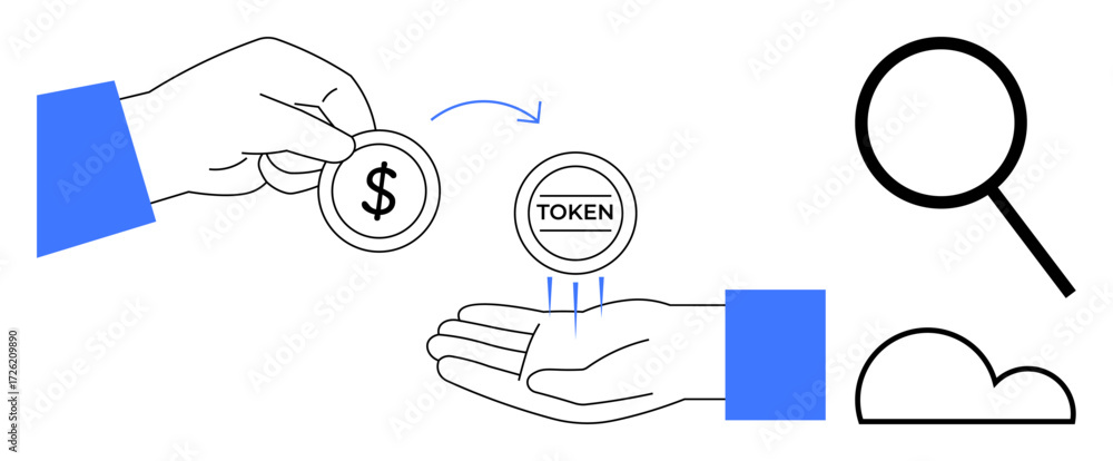 Poster hand passing a dollar coin and receiving a token, accompanied by search magnifier and cloud elements
