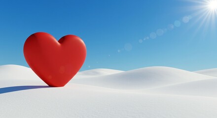 A vibrant red heart rests on a pristine snow landscape under a clear blue sky, symbolizing love and hope in a wintery setting.