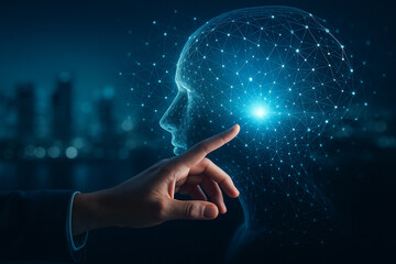 AI generated futuristic visualization showing human hand interacting with digital brain hologram symbolizing artificial intelligence innovation and human technology connection