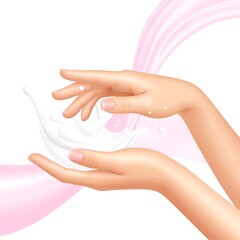 Naklejka premium Soft hands cradling a splash of creamy liquid against a pink wave background