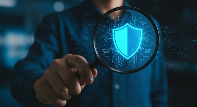 Cybersecurity analysis using a magnifying glass on digital shield. Detection of threats and vulnerabilities with a security audit.