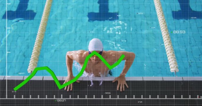 Gripping pool edge, swimmer pushing arms down lifting torso while tech graph charting lap