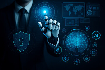 AI generated futuristic illustration showing robotic hand touching holographic interface with glowing shield lock and digital brain symbolizing advanced cybersecurity and data protection