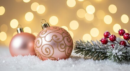 Fototapeta premium Festive pink Christmas ornaments with glitter designs rest on a snowy surface, creating a warm, celebratory holiday atmosphere.
