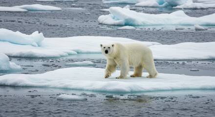 Polar bear walking on ice floe in arctic ocean wildlife cold environment captivating perspective