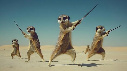 Meerkat warriors pose in desert