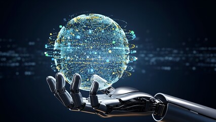 A futuristic silver robotic hand holding a glowing digital globe composed of swirling data points. Symbolizes Artificial Intelligence, global technology, data control, and the future of science.
