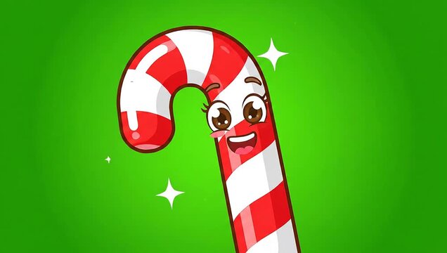 A cheerful candy cane with a happy expression, depicted in a cartoon style against a vibrant green background.
