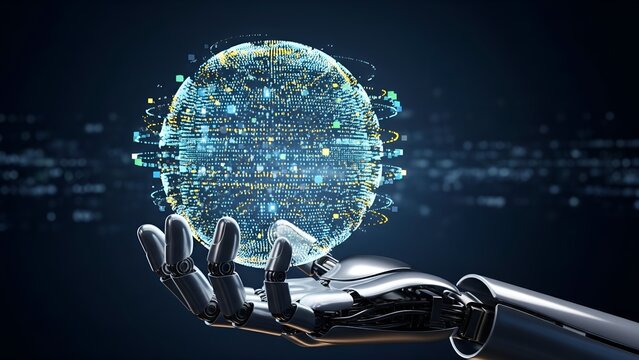 A futuristic silver robotic hand holding a glowing digital globe composed of swirling data points. Symbolizes Artificial Intelligence, global technology, data control, and the future of science.