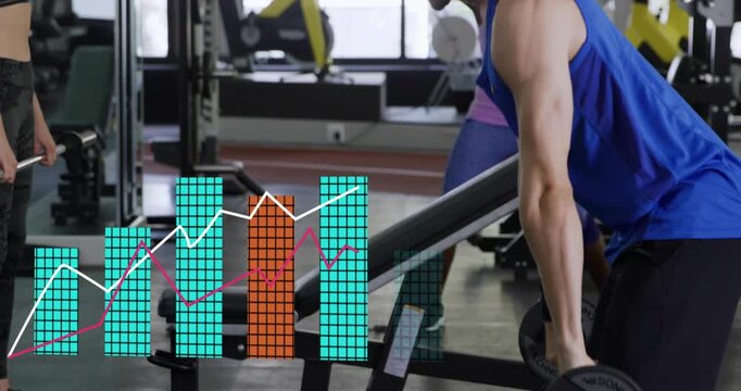 Man gripping barbell plates by thighs and rowing in gym while animated charts tracking progress