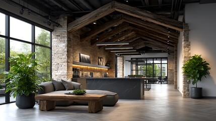 Spacious loft-style office with high ceilings, open workstations, glass-enclosed meeting rooms, neutral color scheme, and linear pendant lights. , full ultra HD, high resolution