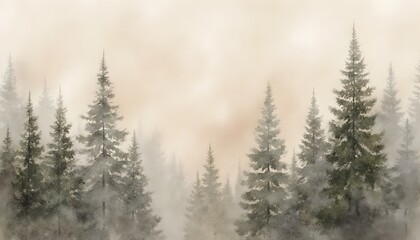 Misty Forest Scene with Tall Evergreen Trees in Soft Natural Light