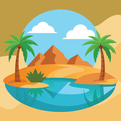 Obraz premium cartoon desert oasis with palm trees and water ref.eps